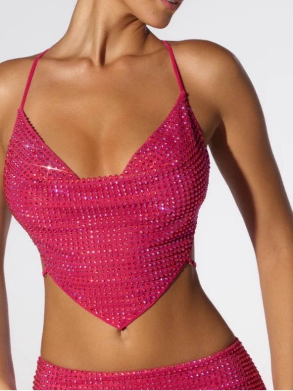 Oh Polly Rocco Embellished Cowl Neck Back Crop Top - size US2